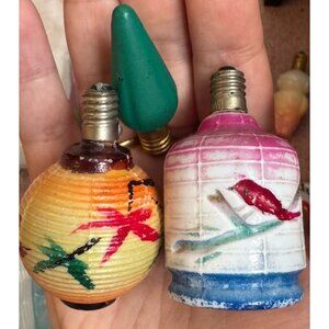 3 Vintage Christmas Light Bulb Figural Milk Glass Painted, Floral, Bird, Green